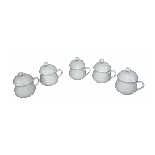 Set of five Richard Ginori Vecchio White porcelain pot de creme cups with fitted lids
