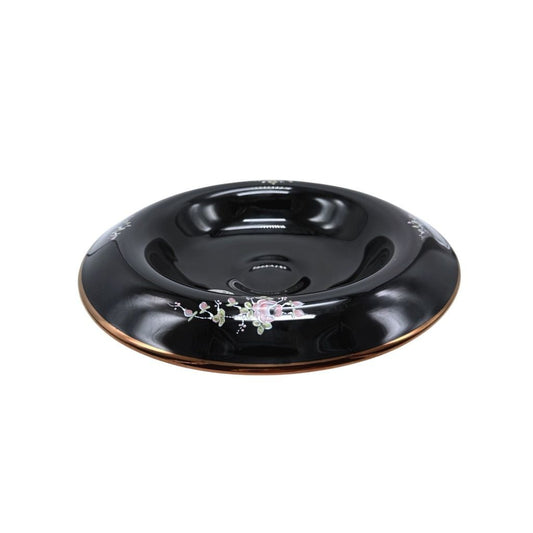 Fenton Hand-painted Black Glass Bowl With Floral Design & Rose Gold Accents