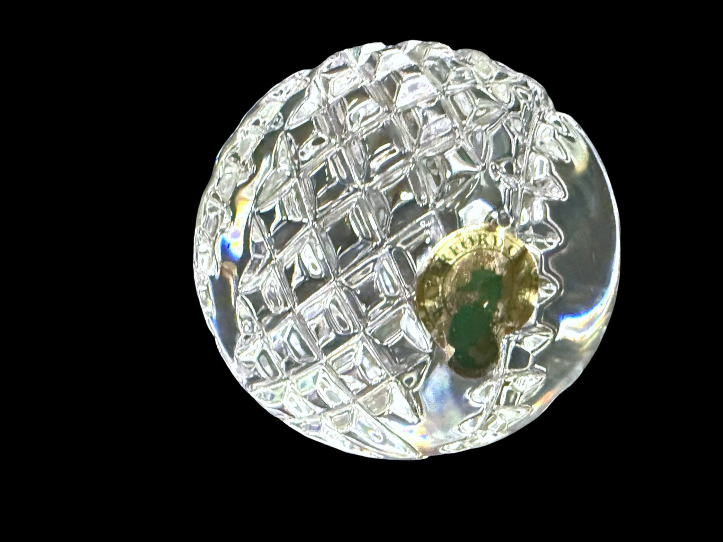 Waterford crystal paperweight close-up of foil label and diamond cuts