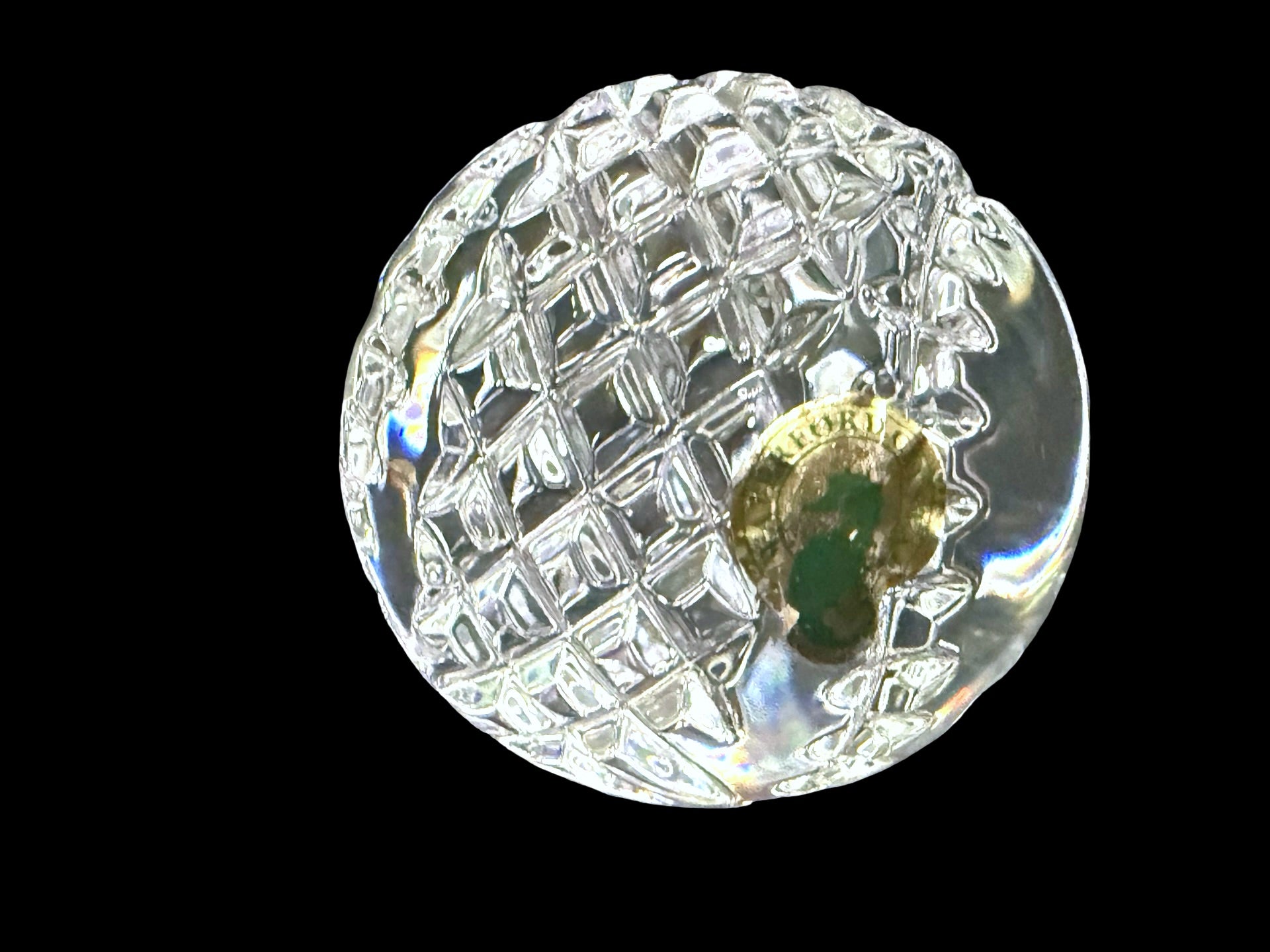 Waterford crystal paperweight close-up of foil label and diamond cuts