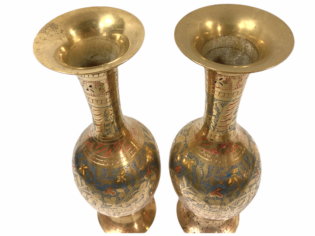 Pair Of Large Etched Vintage Brass Vases, Vintage Indian Brass
